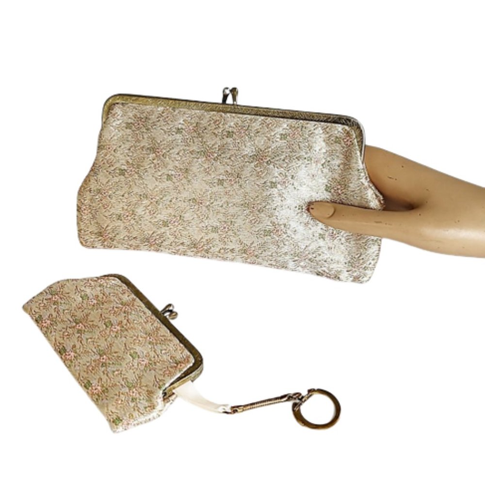 1960s Vintage Small Pink Flowers And Metallic Clutch Bag And Change Purse Set